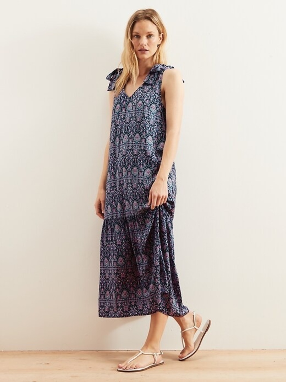 Banana Republic Navy Floral Maxi Dress with Tie Shoulders